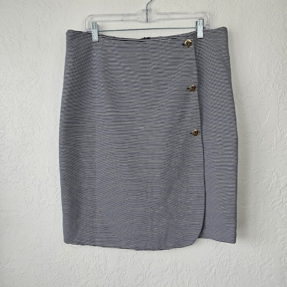 Women's Navy Stripe Overlap Stretch Skirt Sz Large Nautical Career Office Siren - Picture 2 of 13
